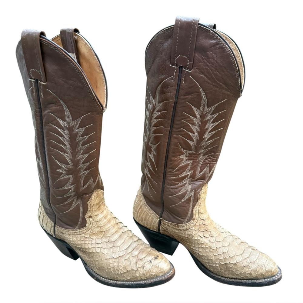 Nocona Brown Leather Western Boots with Cream Snakeskin Foot